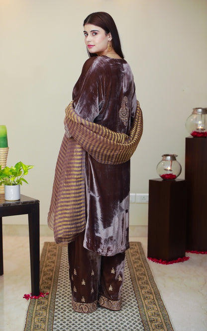 CINNAMON BROWN SILK VELVET KASHMIRI EMBROIDERED KAFTAN KURTA SET WITH PURE  ORGANZA TISSUE DUPATTA