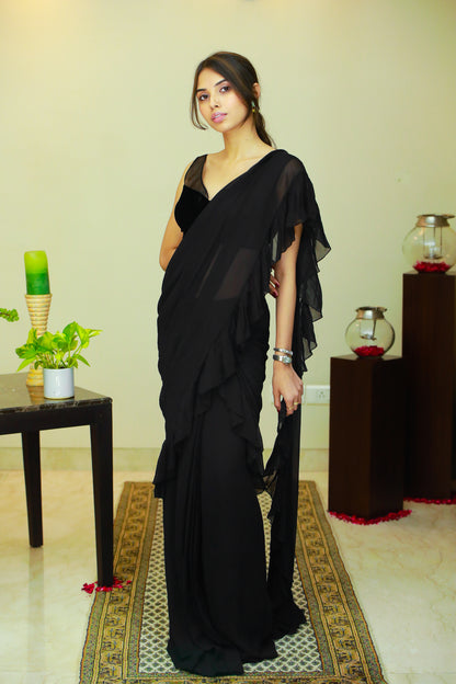 LAILA Stitched Saree Set with blouse in Black Colour