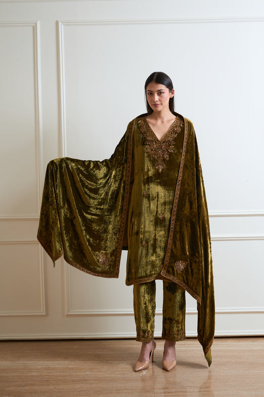 Kesar Mehendi Green Pure Silk Velvet Kurta Set with Heavy Duptta