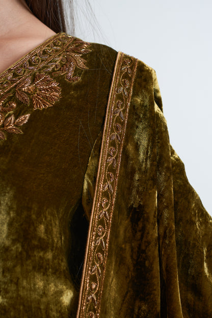 Kesar Mehendi Green Pure Silk Velvet Kurta Set with Heavy Duptta