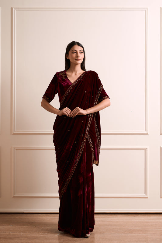Mogra Wine Stitched Saree 3 piece set
