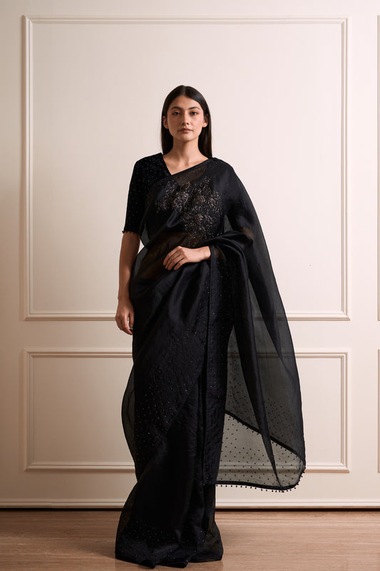Parijat Black Organza Cutdana Saree