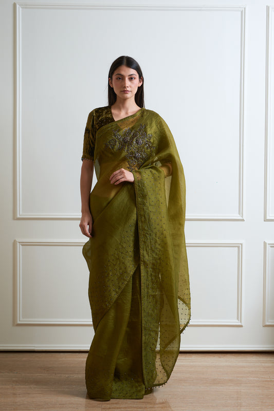 Parijat Mehendi Green Organza Cutdana Saree