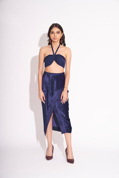 Navy Blue Silk Crepe Jacquard Bustier with Front Slit Makhmal Embroidered Skirt