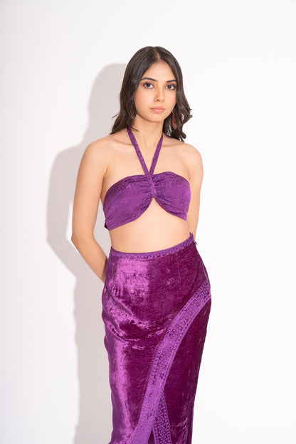 Violet pure Silk Crepe Jacquard Bustier with Front Slit Makhmal Embroidered Skirt