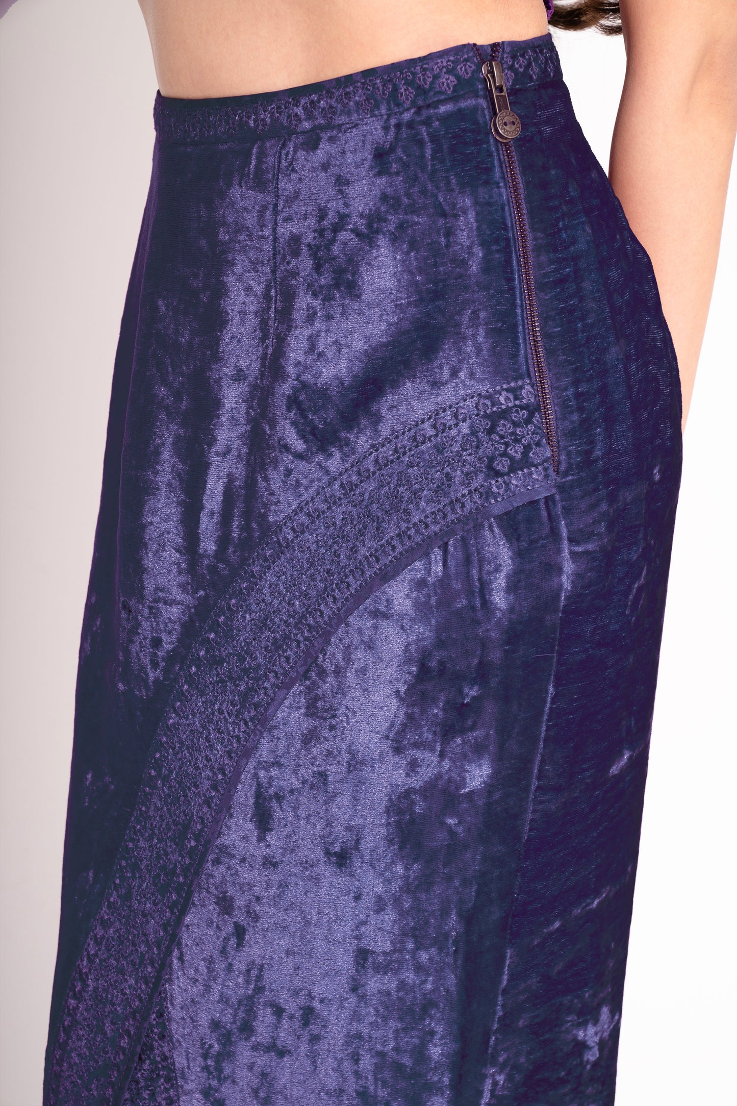 Navy Blue Silk Crepe Jacquard Bustier with Front Slit Makhmal Embroidered Skirt