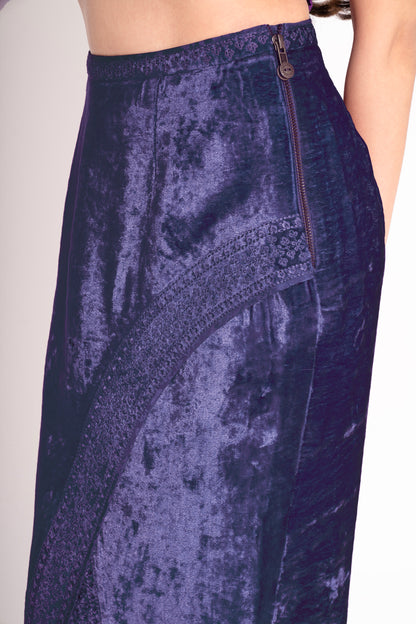 Navy Blue Silk Crepe Jacquard Bustier with Front Slit Makhmal Embroidered Skirt