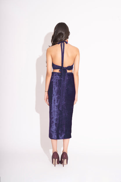 Navy Blue Silk Crepe Jacquard Bustier with Front Slit Makhmal Embroidered Skirt