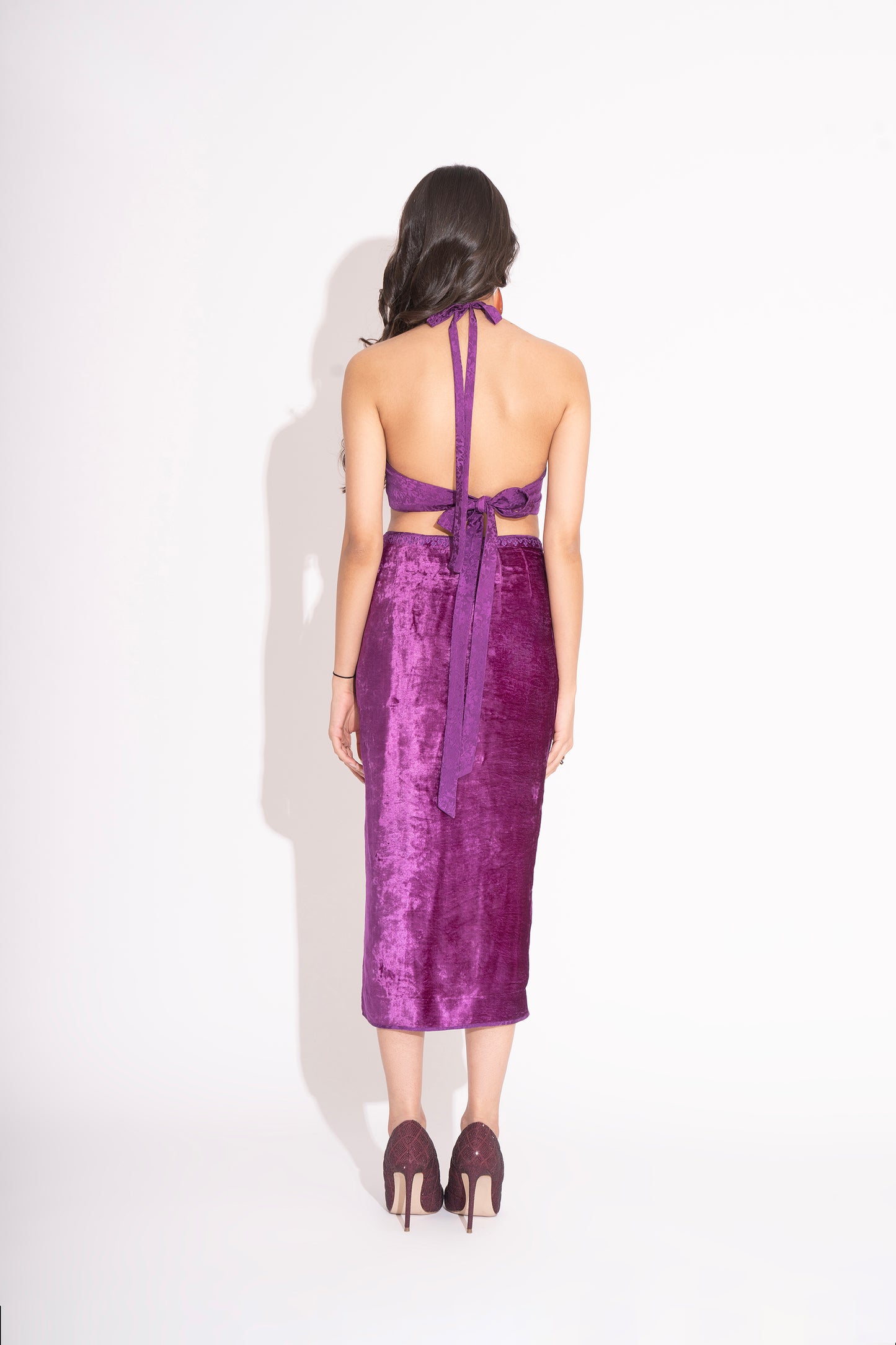 Violet pure Silk Crepe Jacquard Bustier with Front Slit Makhmal Embroidered Skirt