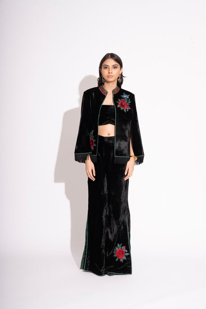 Reversible Black Silk Velvet 3D  Applique Jacket with Boot Leg Silk Velvet Pants and Bustier 3 Pc Set