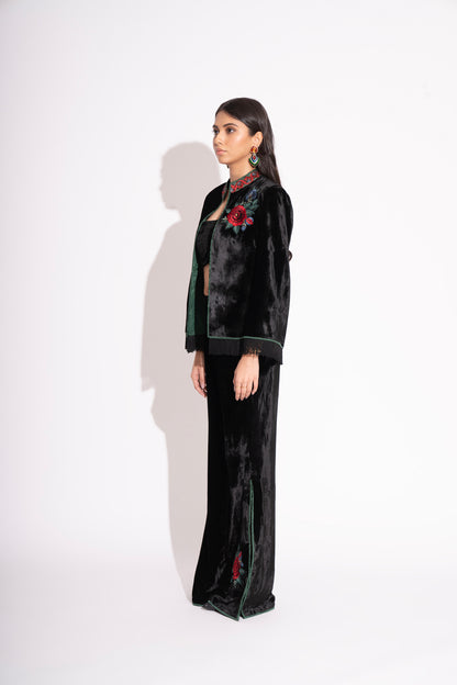 Reversible Black Silk Velvet 3D  Applique Jacket with Boot Leg Silk Velvet Pants and Bustier 3 Pc Set