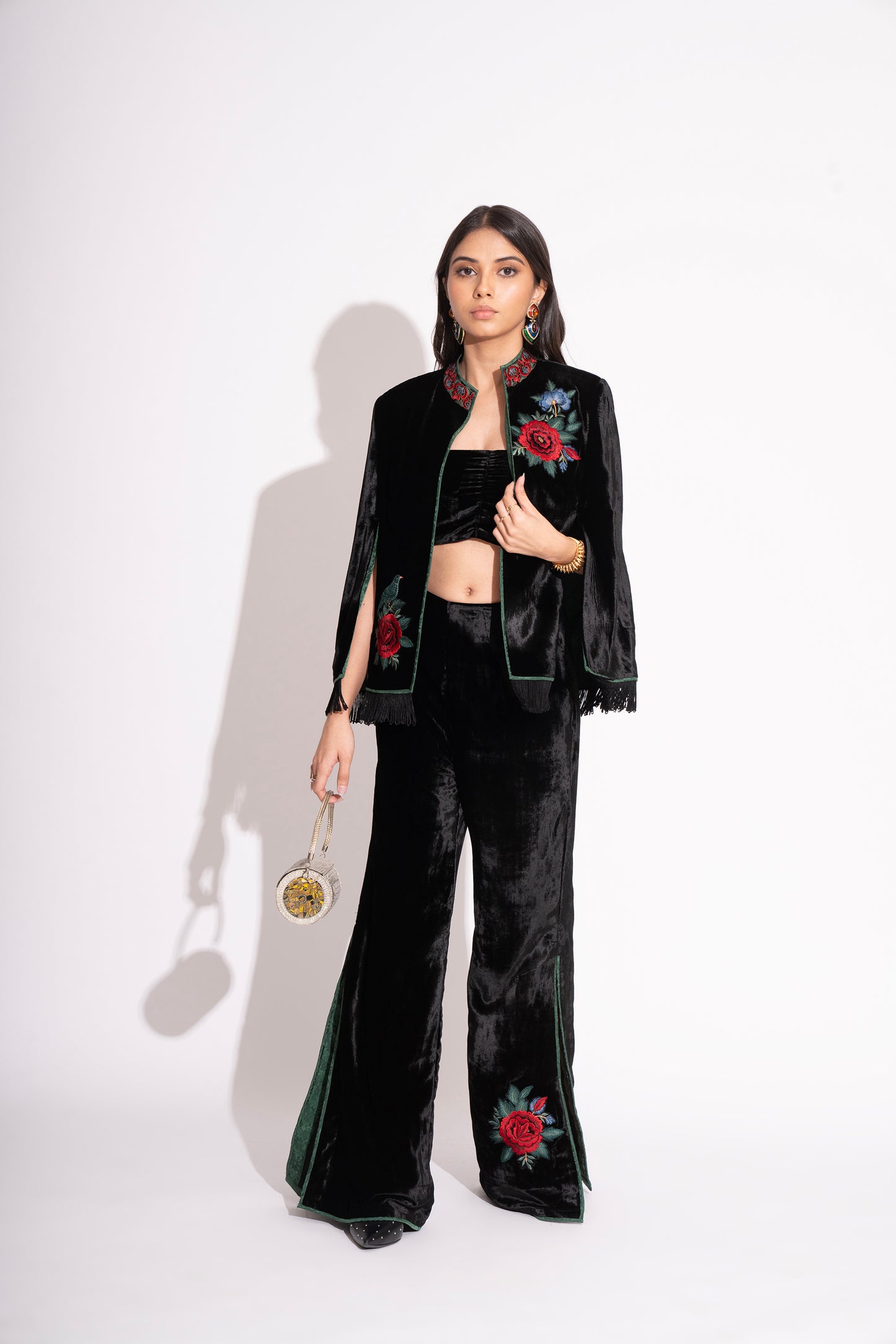 Reversible Black Silk Velvet 3D  Applique Jacket with Boot Leg Silk Velvet Pants and Bustier 3 Pc Set