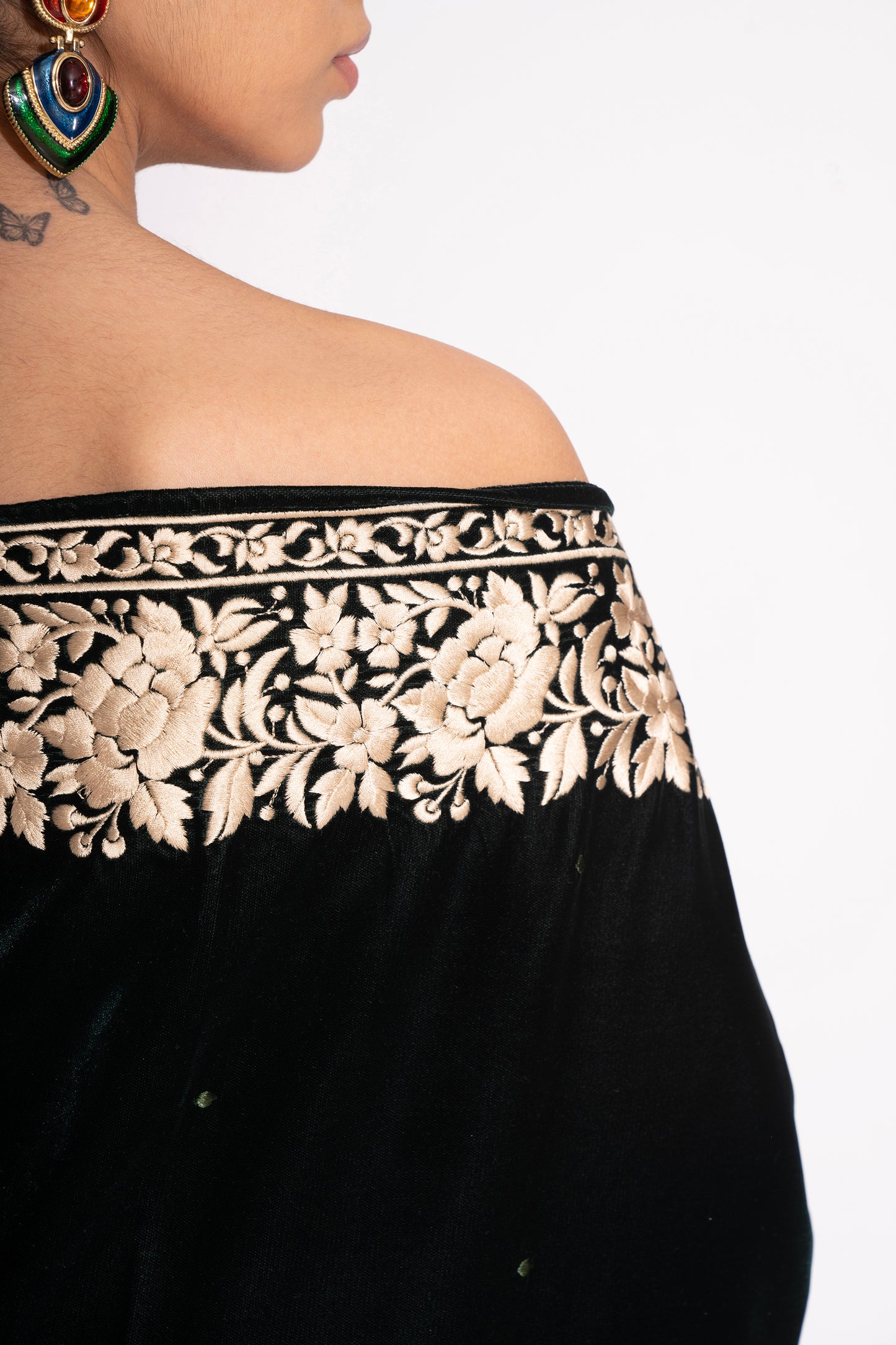 Deep Green Velvet Shrug with Embroidery