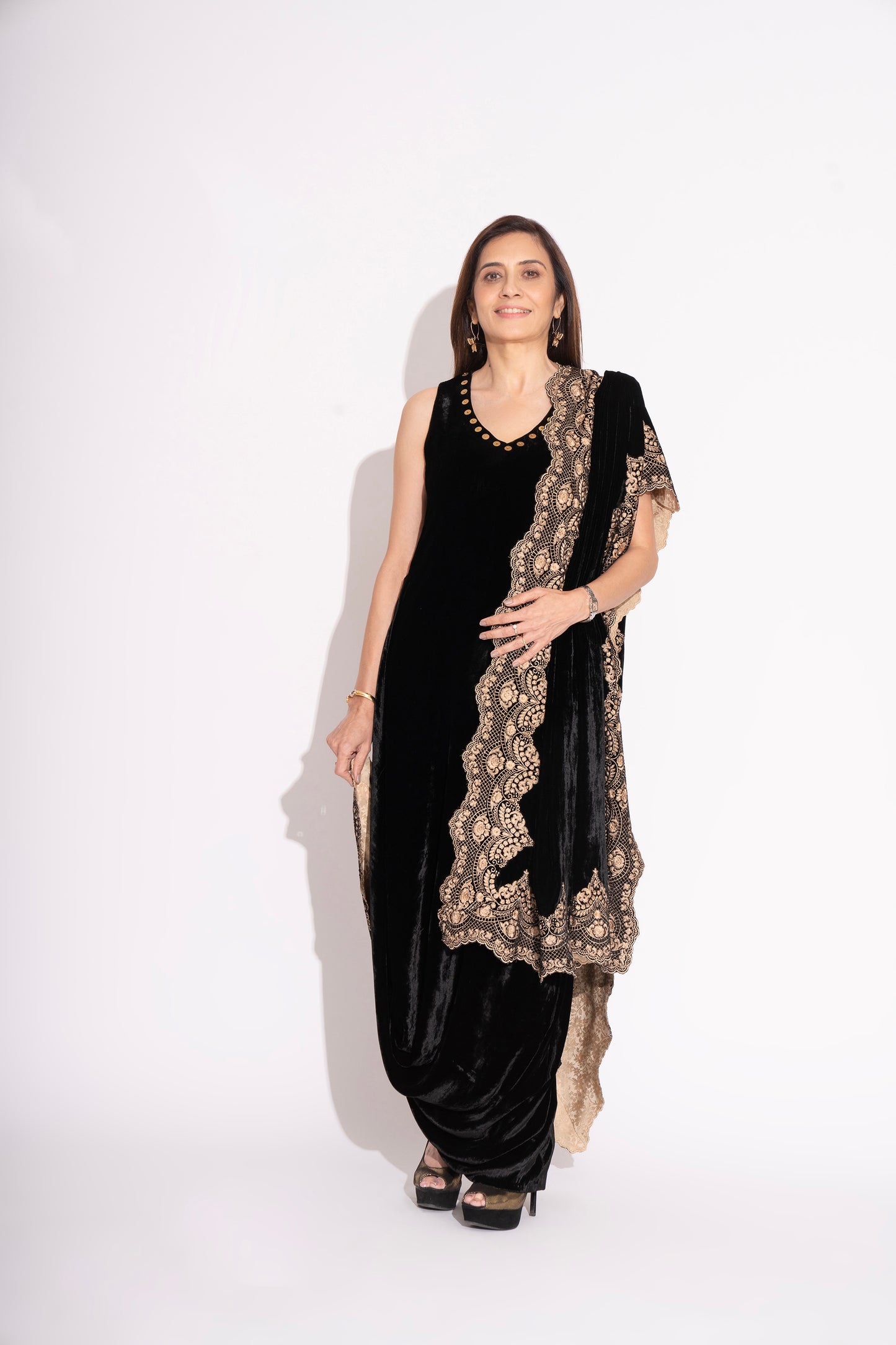 Black Silk Velvet Lace Embroidery Stole