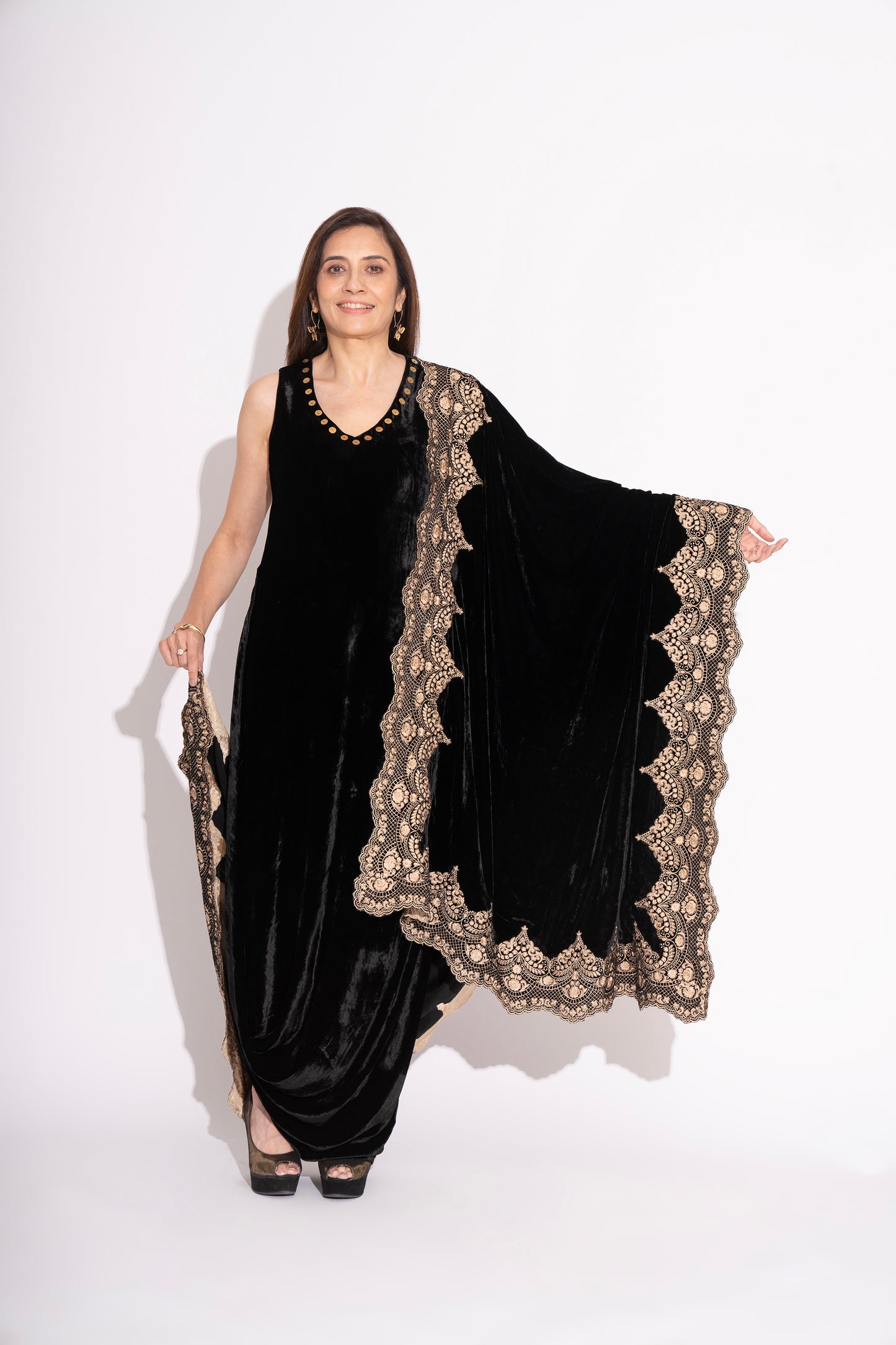 Black Silk Velvet Lace Embroidery Stole