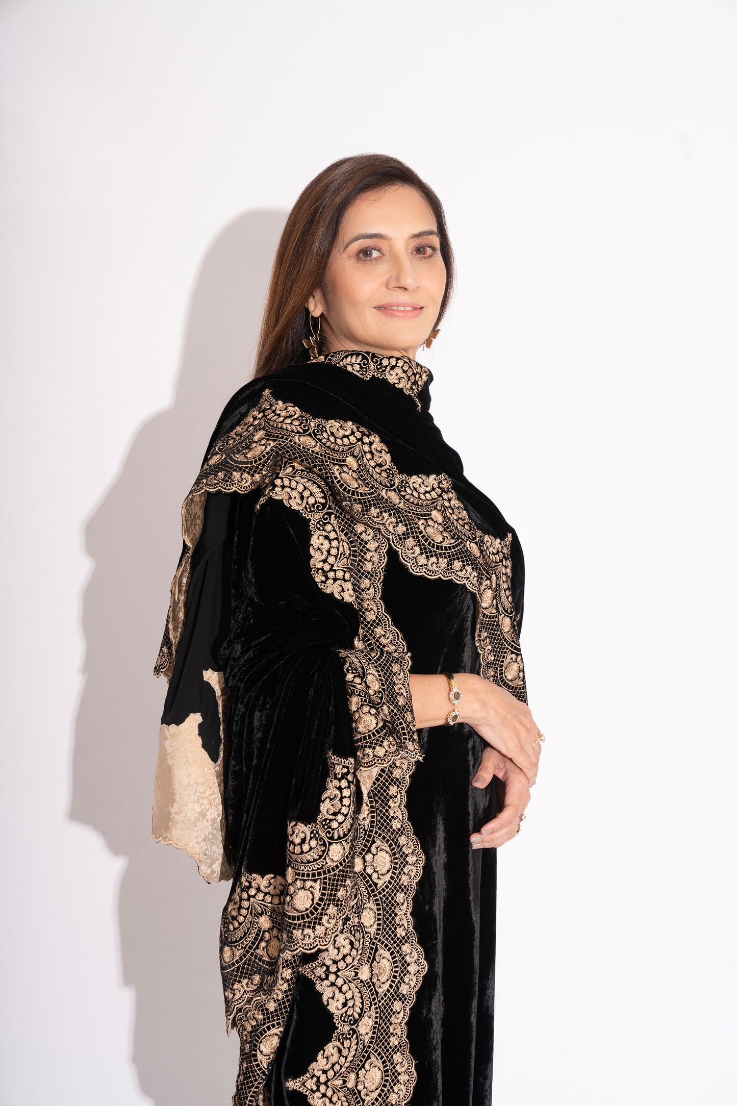 Black Silk Velvet Lace Embroidery Stole