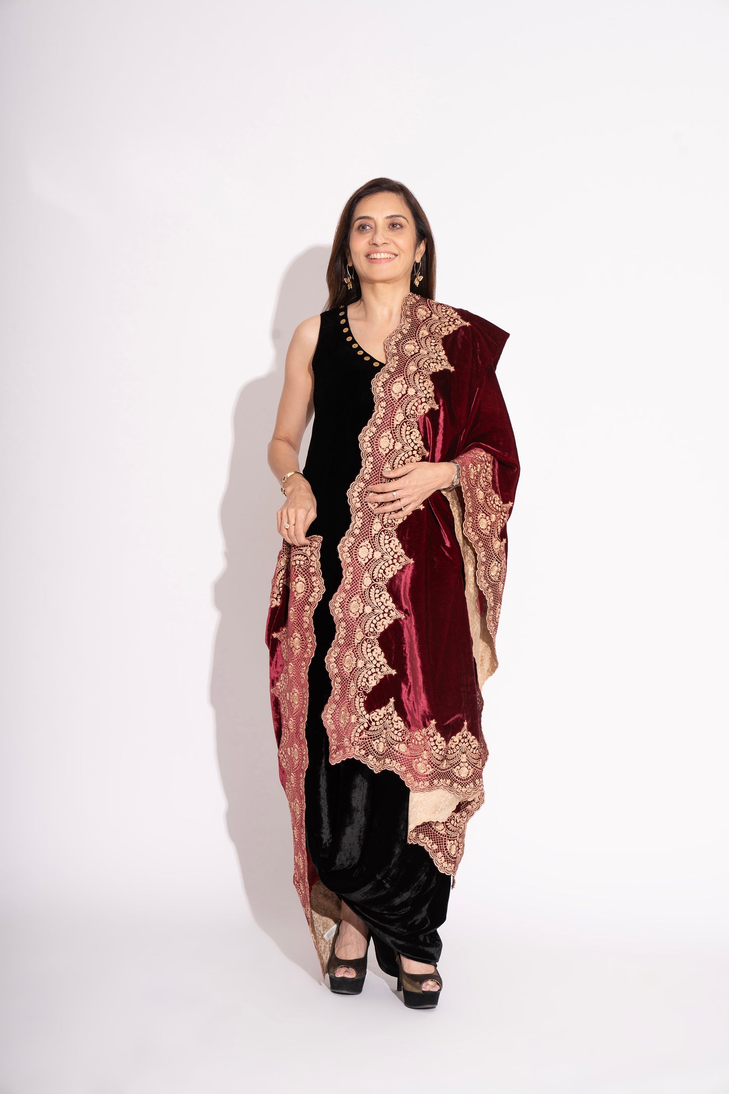 Wine Silk Velvet Lace Embroidery Stole