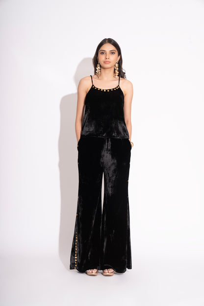 Black Silk Velvet Metal Detail Spaghetti with Metal Detail Silk Velvet Flared Pants