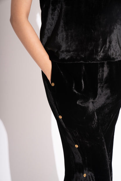 Black Silk Velvet Metal Detail Spaghetti with Metal Detail Silk Velvet Flared Pants