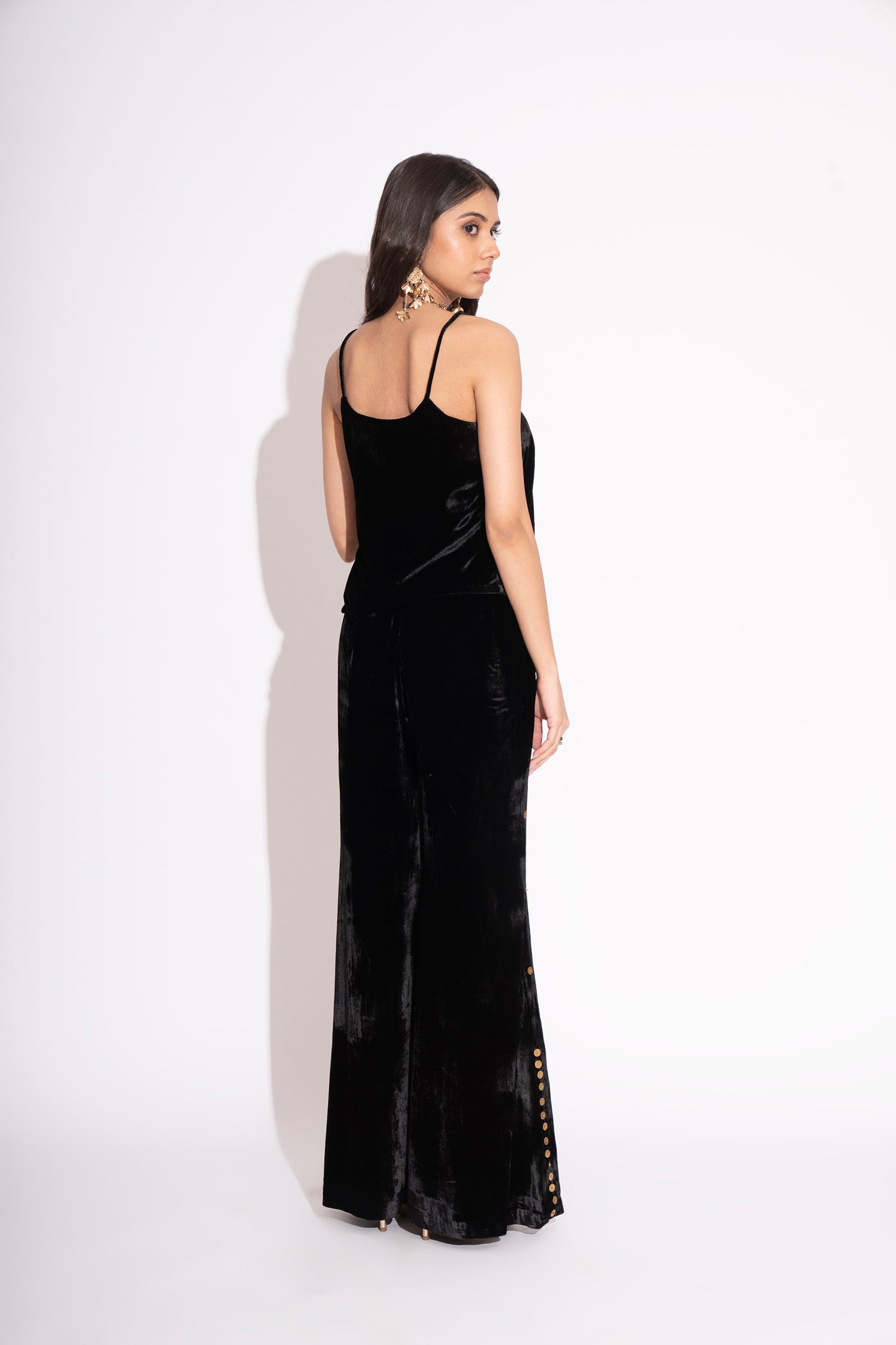 Black Silk Velvet Metal Detail Spaghetti with Metal Detail Silk Velvet Flared Pants