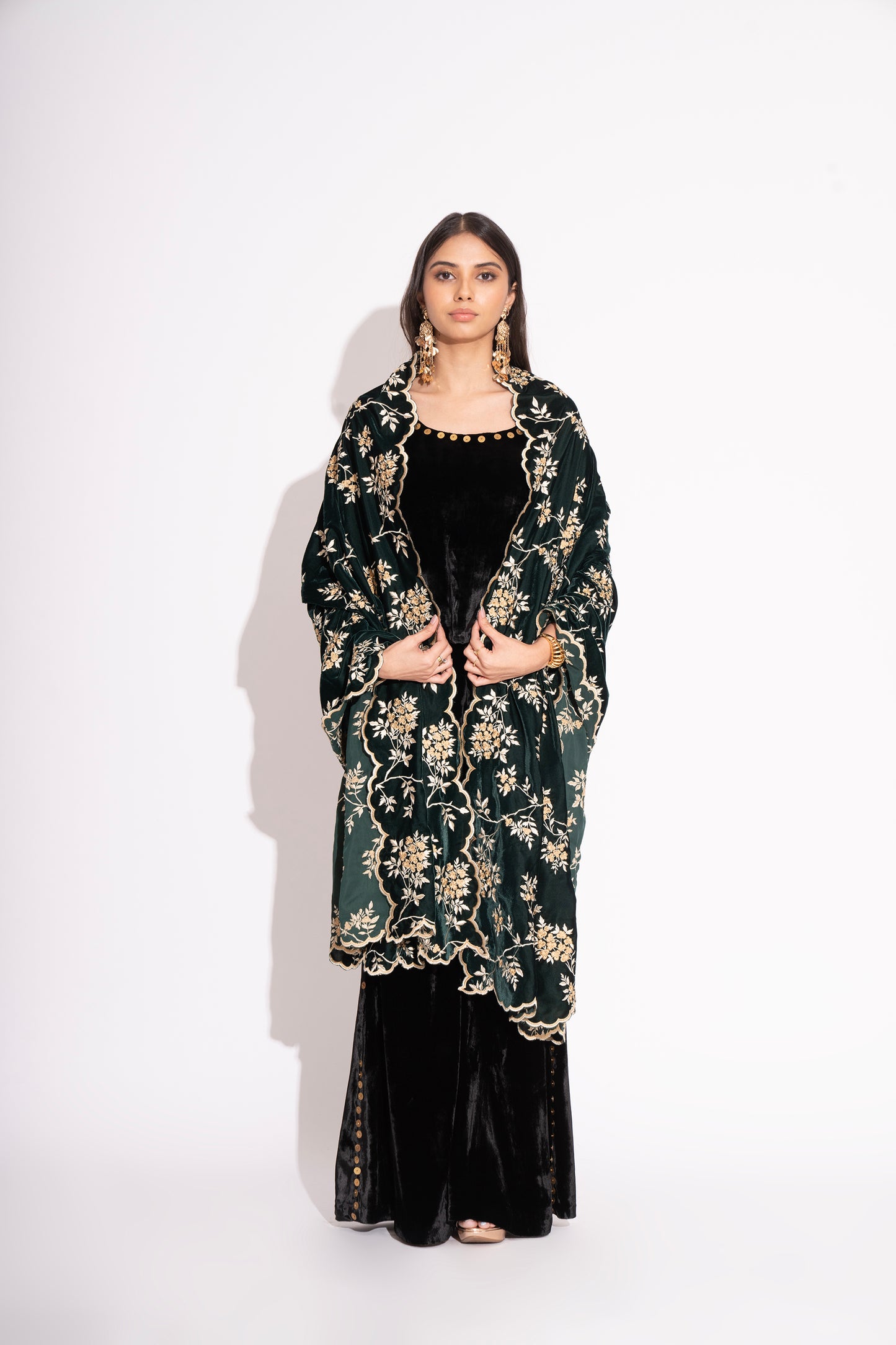 Deep Green Thread Embroidery Velvet Stole