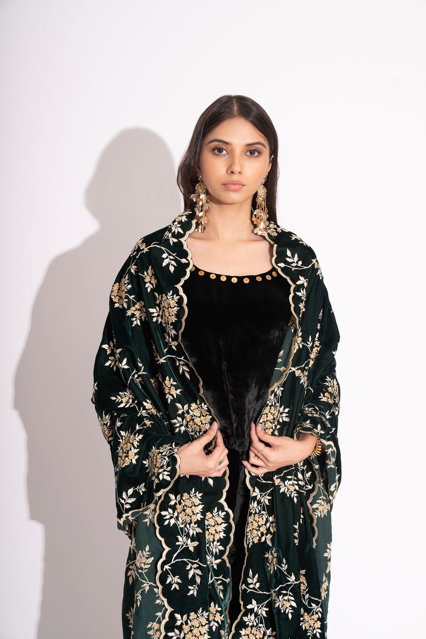 Deep Green Thread Embroidery Velvet Stole