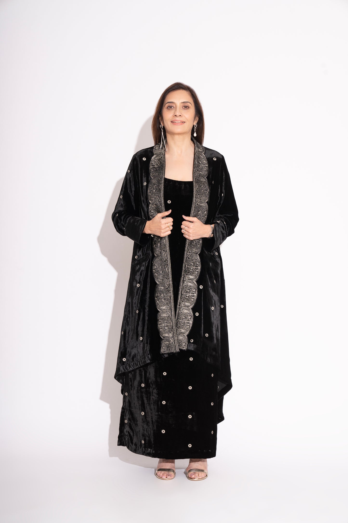 Black Silk Velvet Embroidered Asymmetrical Full Sleeve Jacket