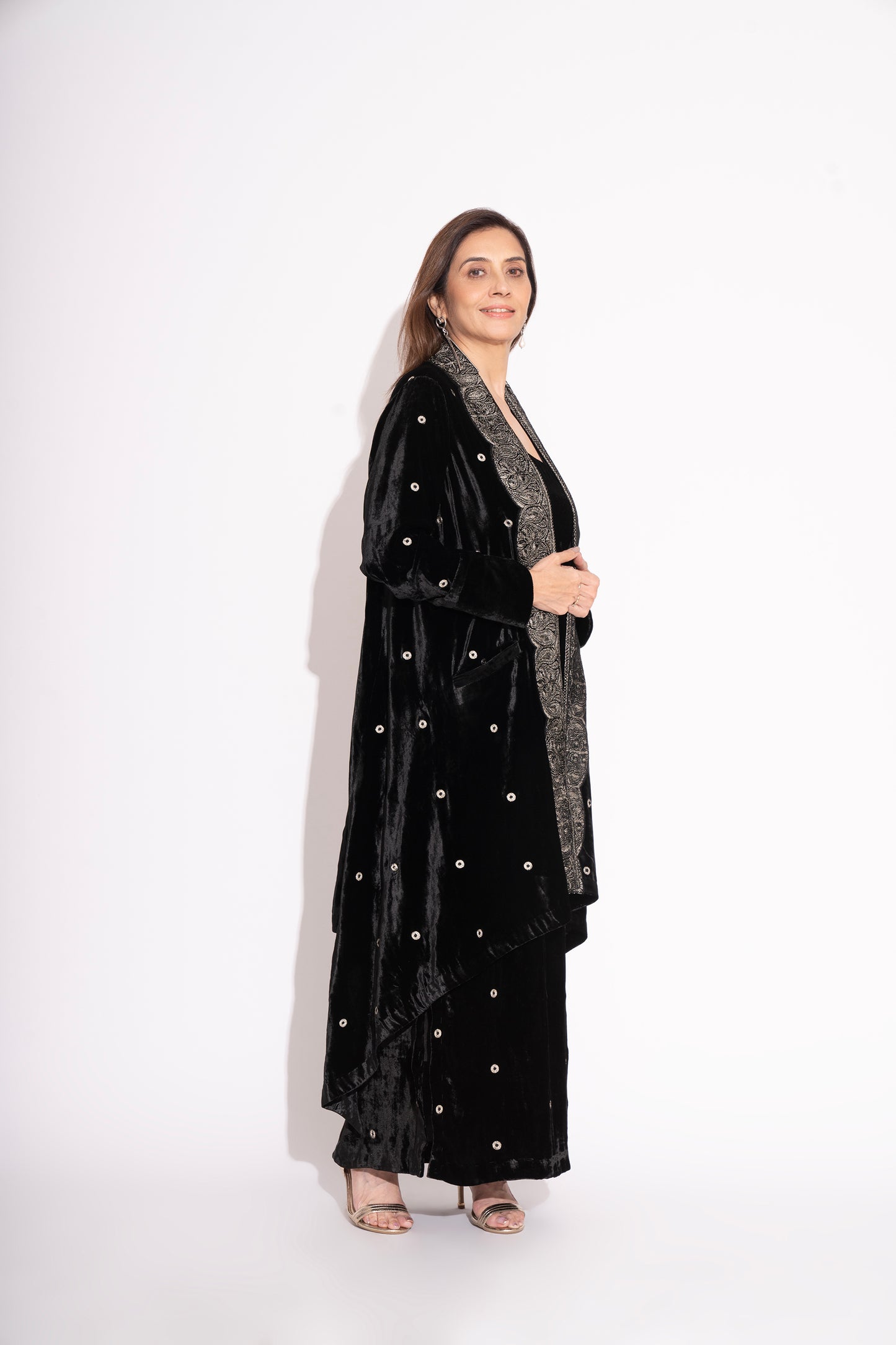 Black Silk Velvet Embroidered Asymmetrical Full Sleeve Jacket