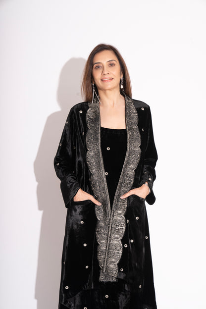 Black Silk Velvet Embroidered Asymmetrical Full Sleeve Jacket