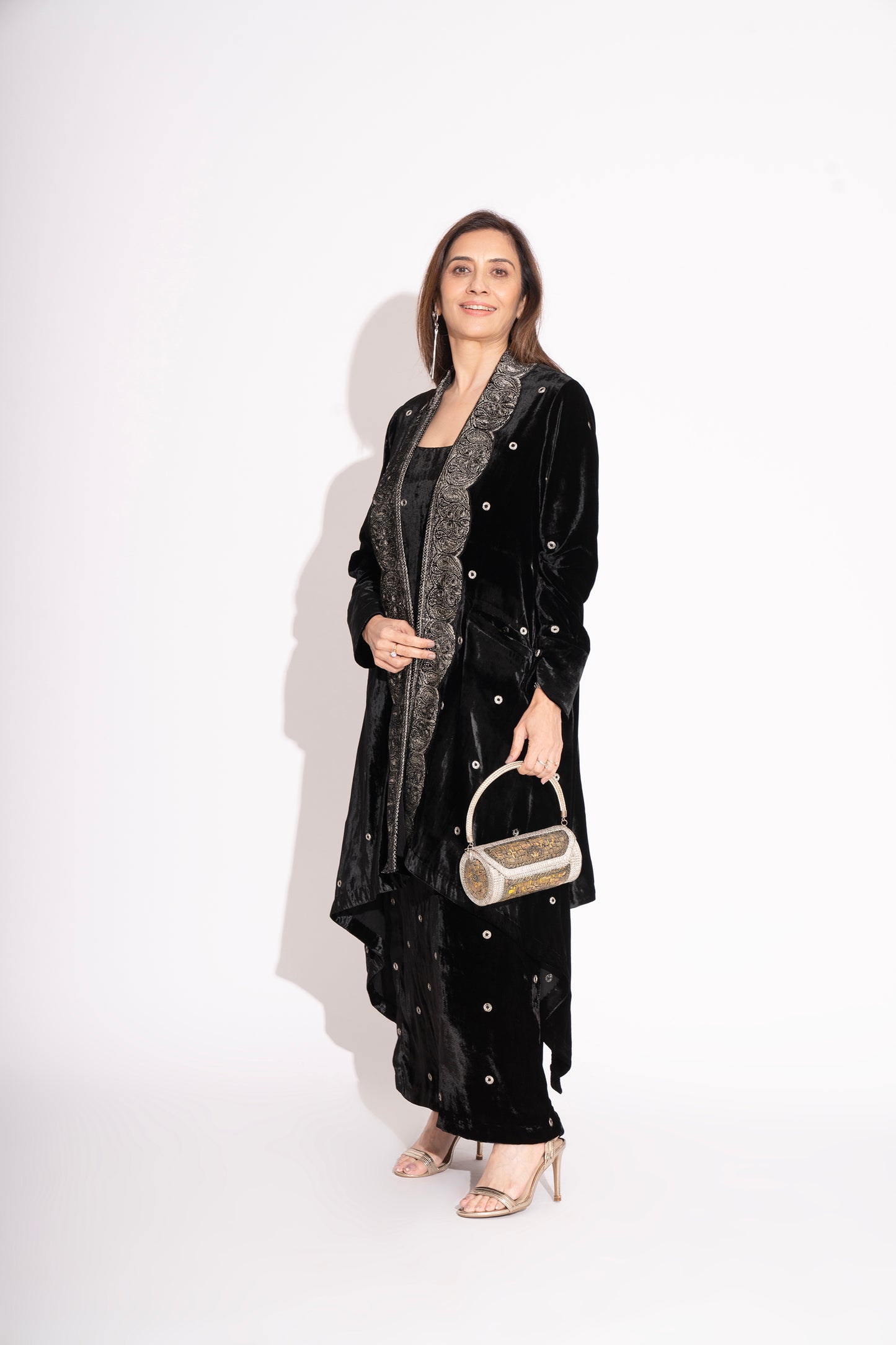 Black Silk Velvet Embroidered Asymmetrical Full Sleeve Jacket