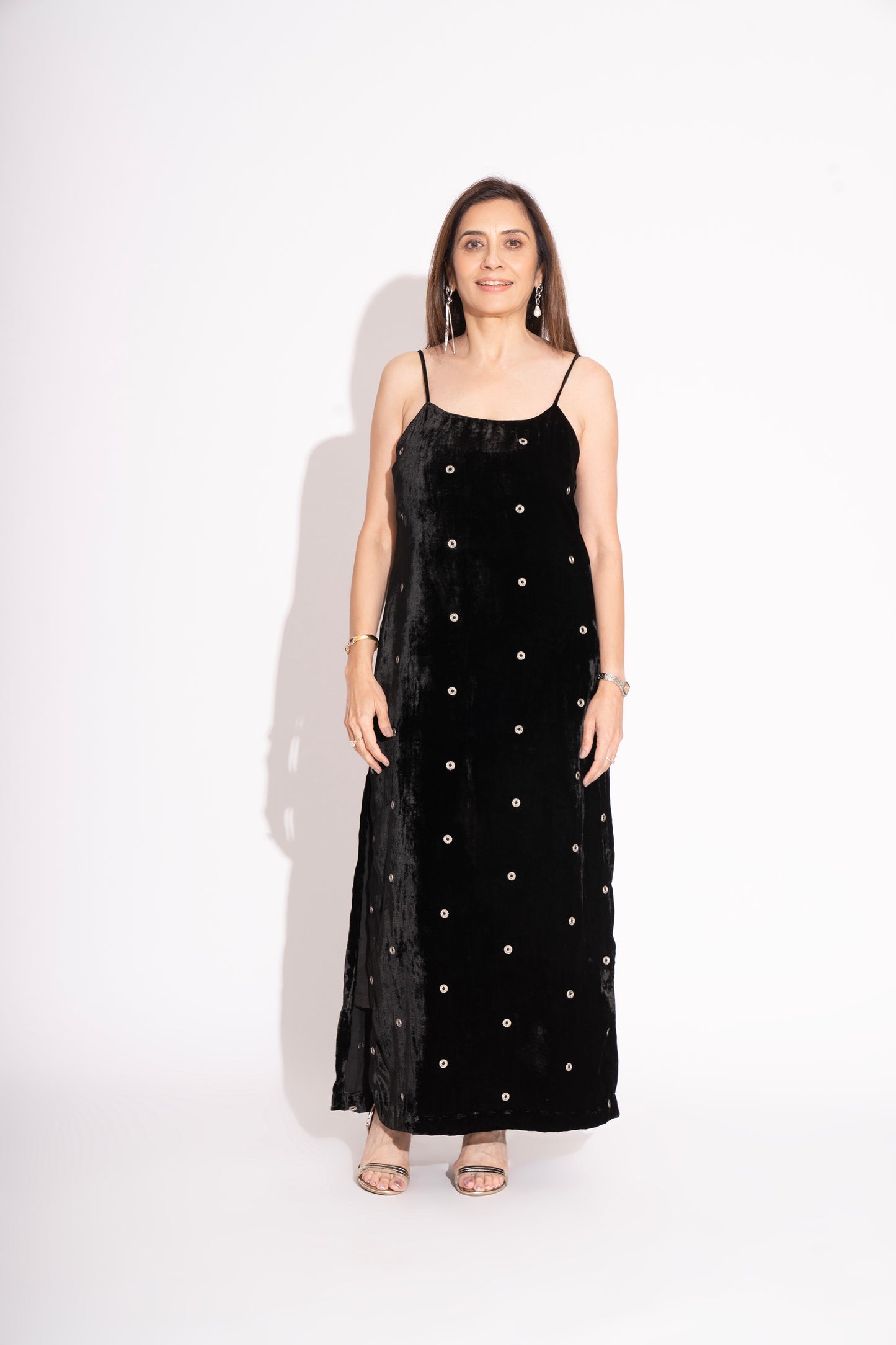 Black Silk Velvet Spaghetti Gown with Embroidery