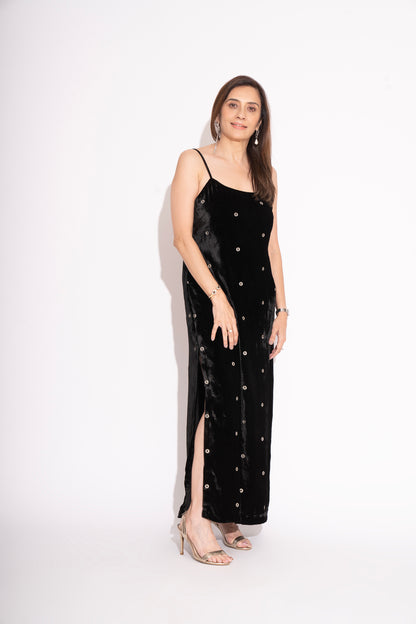 Black Silk Velvet Spaghetti Gown with Embroidery