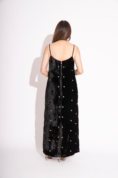 Black Silk Velvet Spaghetti Gown with Embroidery