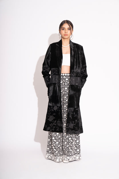 Black Silk Velvet Embroidered Overcoat with Pure Silk Crepe Jacquard Lining