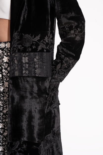 Black Silk Velvet Embroidered Overcoat with Pure Silk Crepe Jacquard Lining