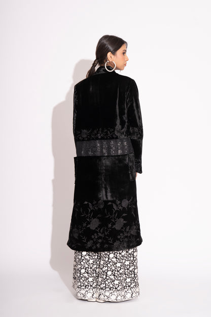 Black Silk Velvet Embroidered Overcoat with Pure Silk Crepe Jacquard Lining