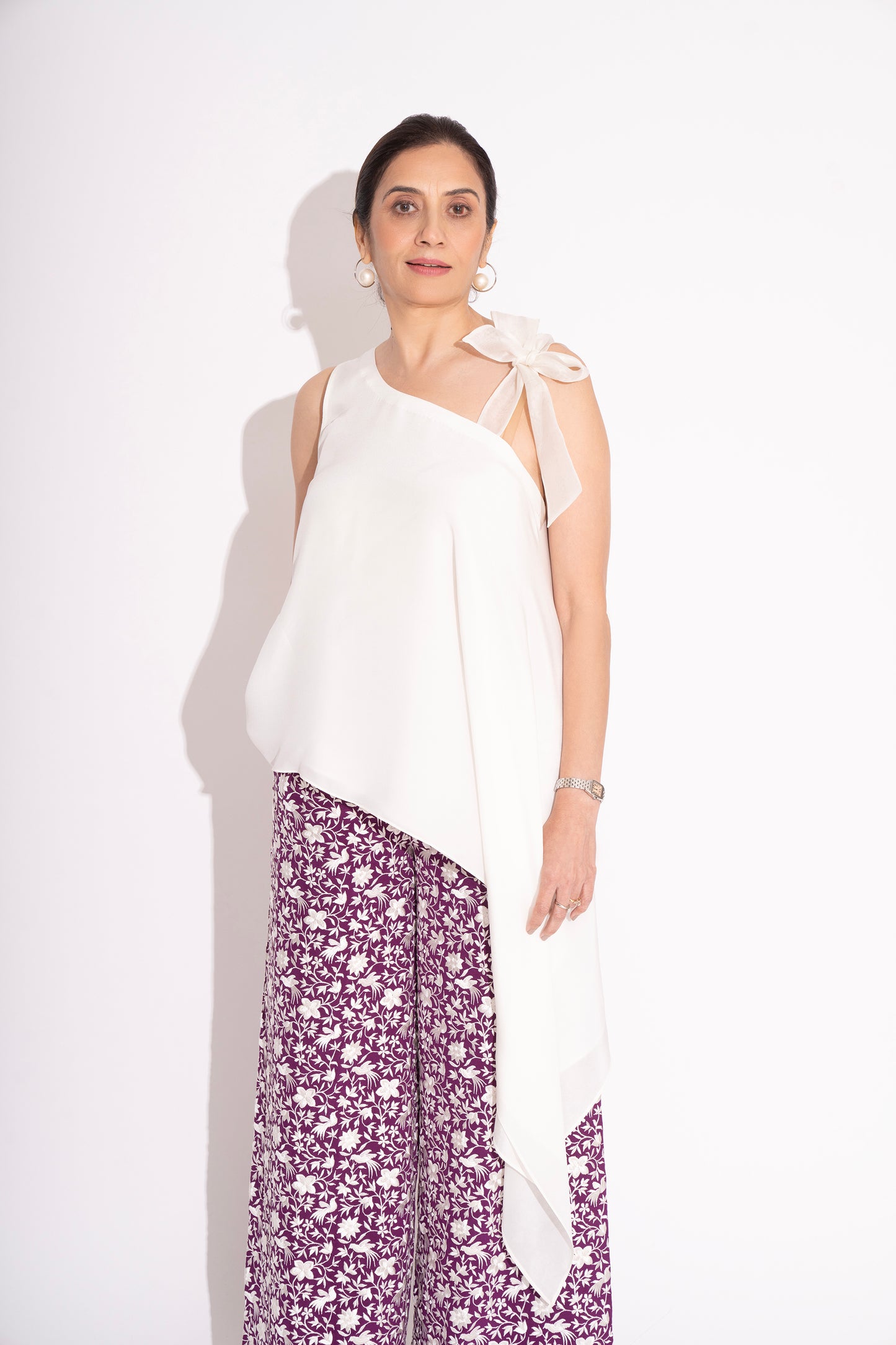 White Pure Silk Crepe Off Shoulder Asymmetrical Top