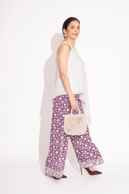 Violet Pure Silk Crepe Parsi Embroidered Straight Pant