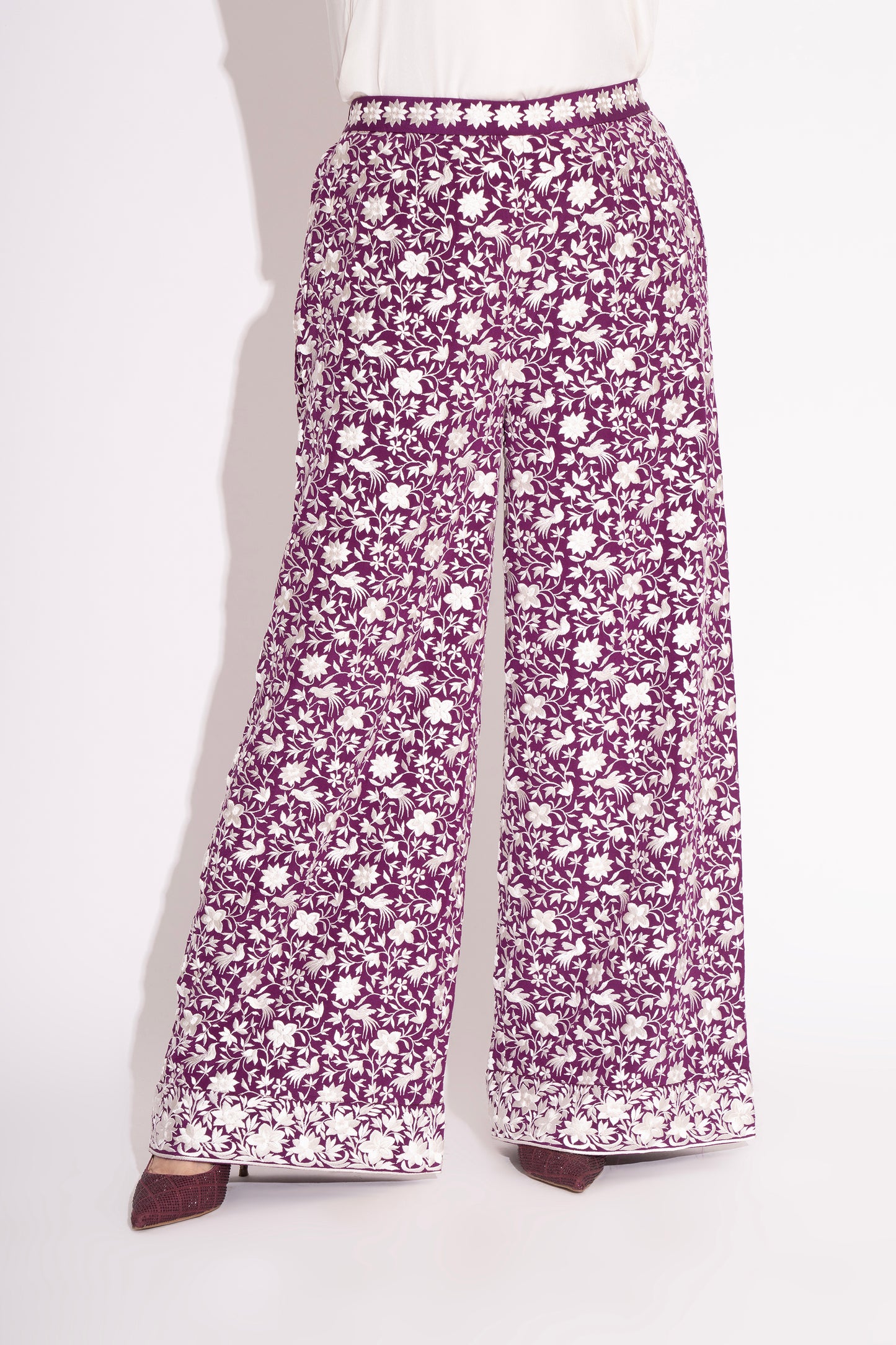 Violet Pure Silk Crepe Parsi Embroidered Straight Pant