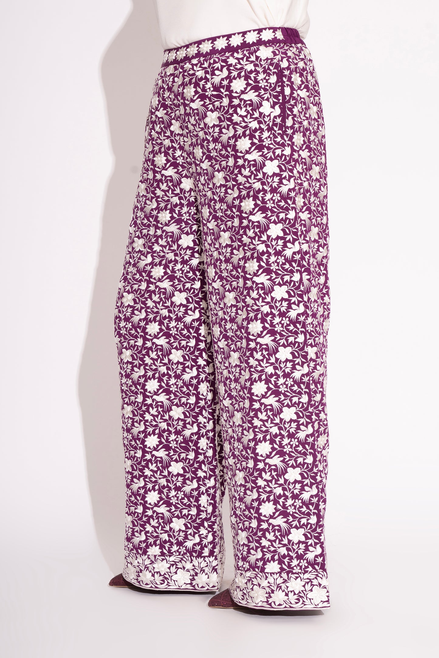 Violet Pure Silk Crepe Parsi Embroidered Straight Pant