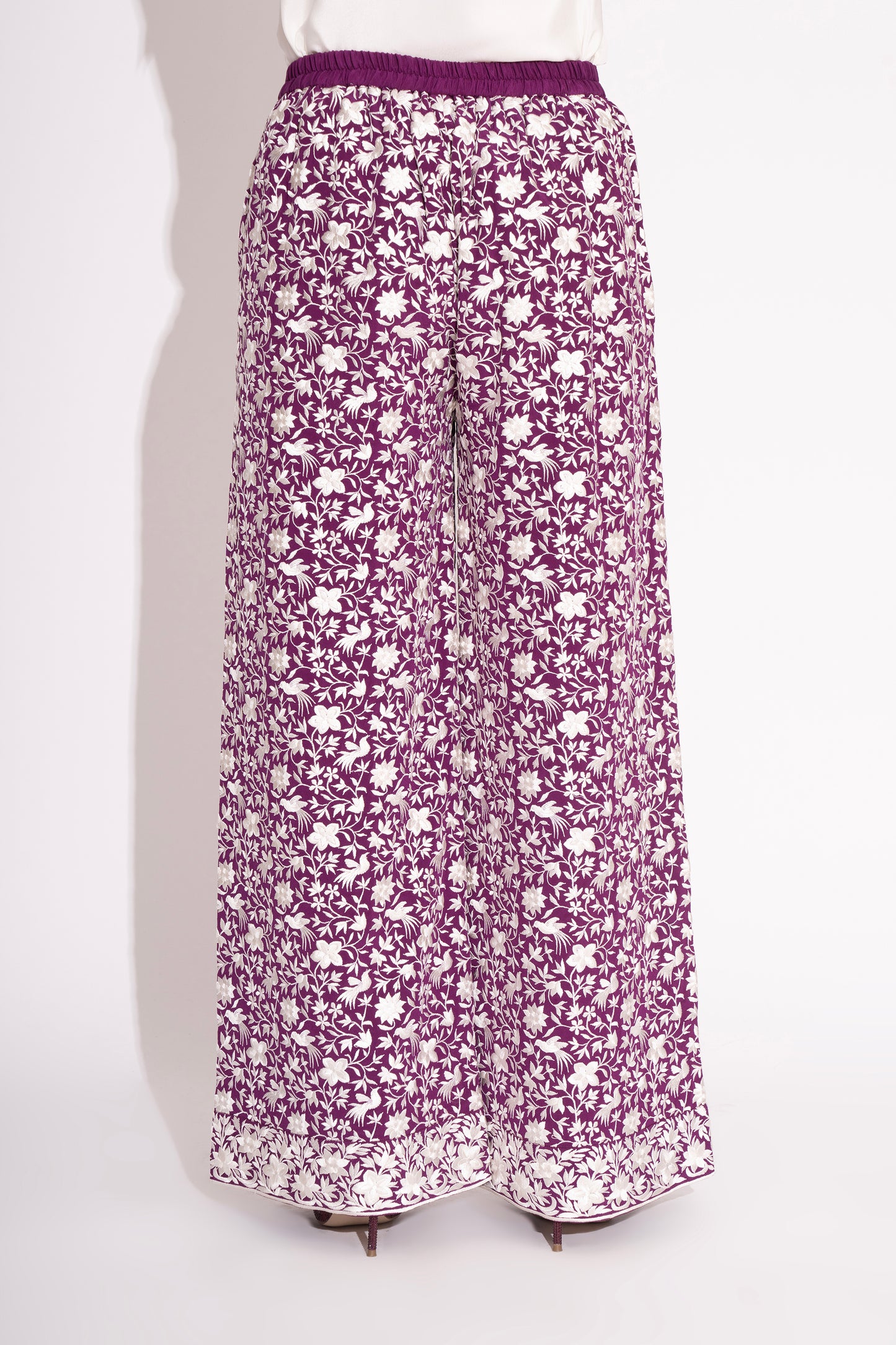 Violet Pure Silk Crepe Parsi Embroidered Straight Pant