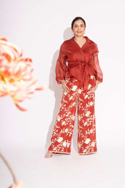 Rust Pure Silk Crepe Embroidered Straight Pants