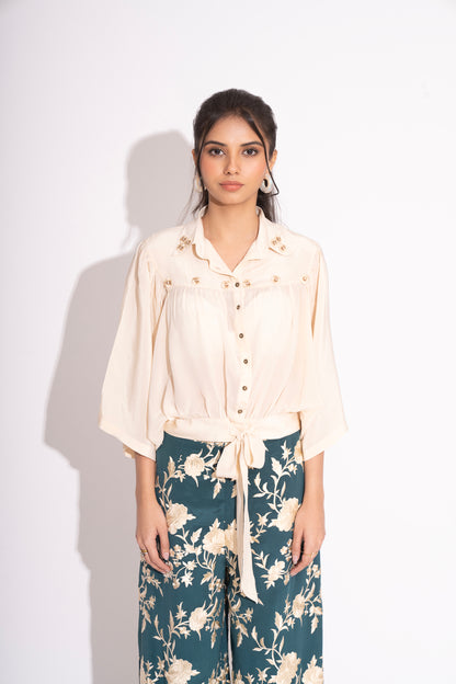 3D Flower Off White Pure Silk Crepe Top