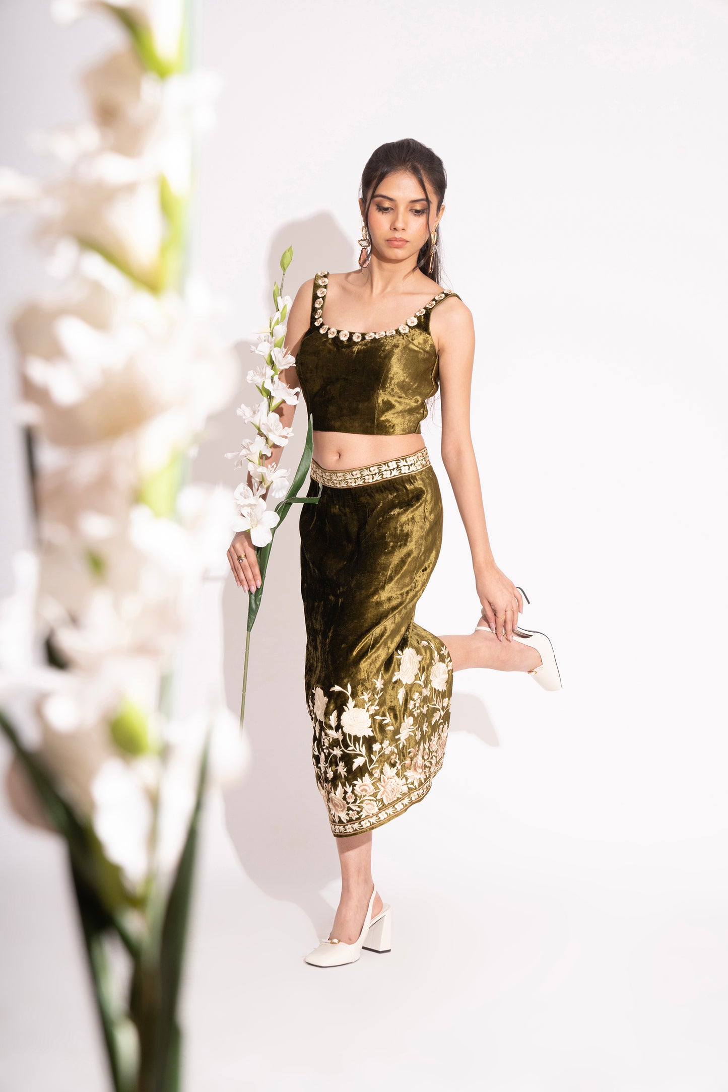 Mehndi Green Makhmal Embroidered Back Slit Straight Skirt