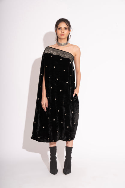 Black Silk Velvet Off Shoulder Embroidered Gown