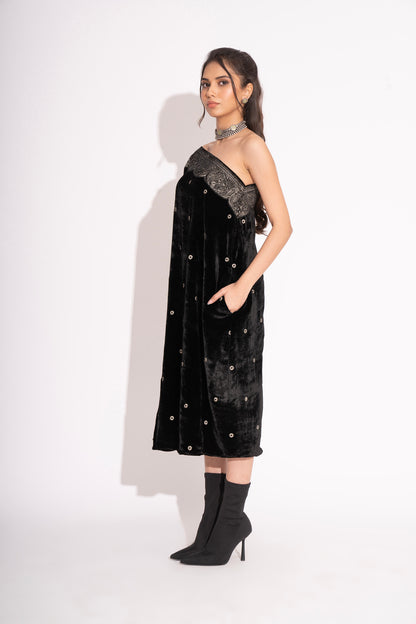 Black Silk Velvet Off Shoulder Embroidered Gown