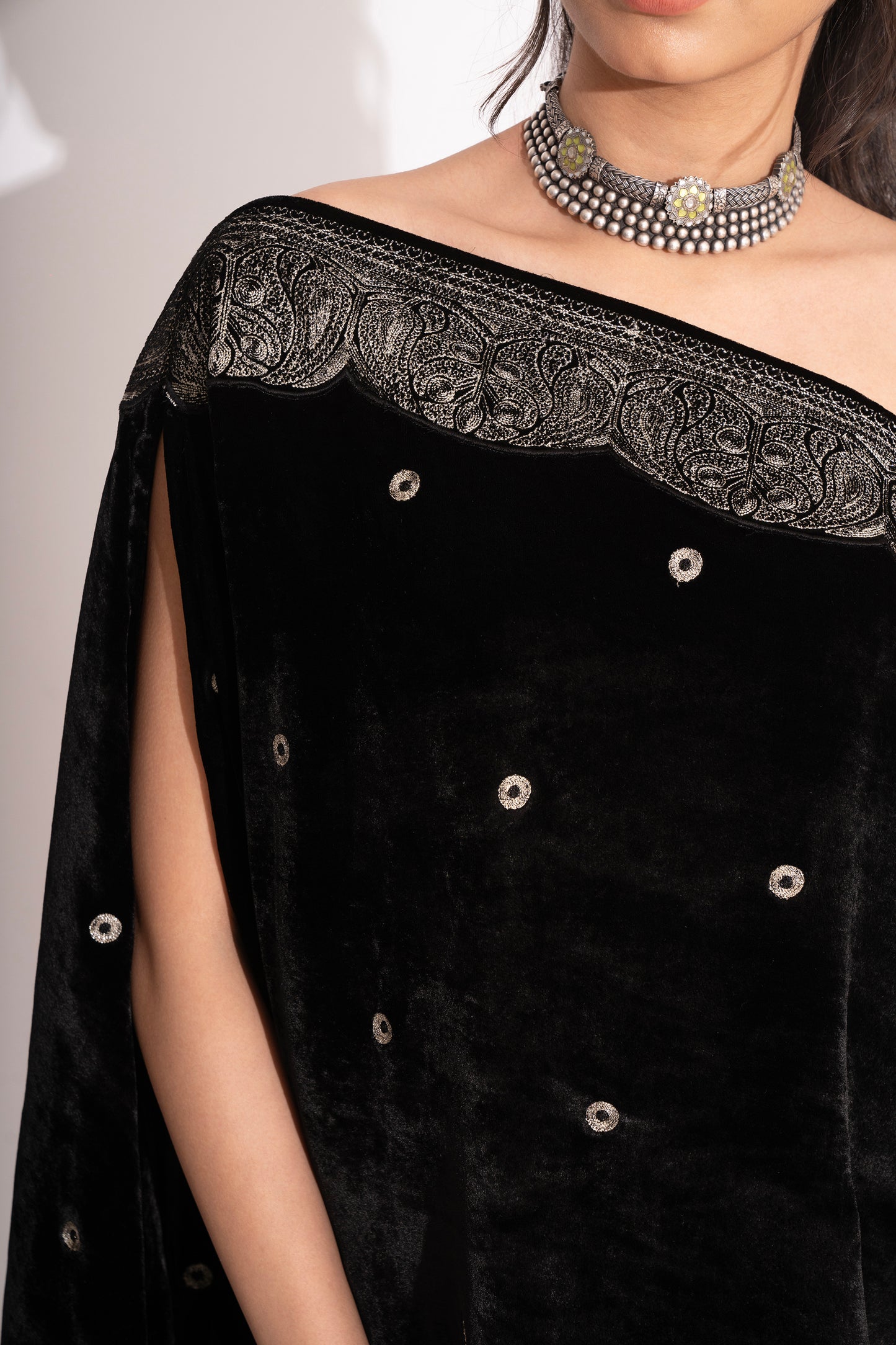 Black Silk Velvet Off Shoulder Embroidered Gown