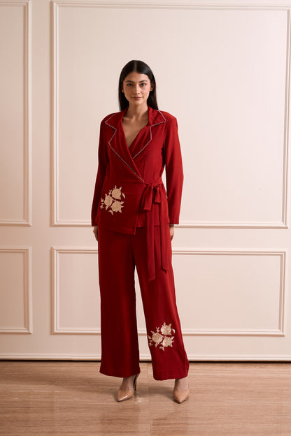 NOOR Red Pure Silk Crepe Wrapped Blazer with Straight Pants