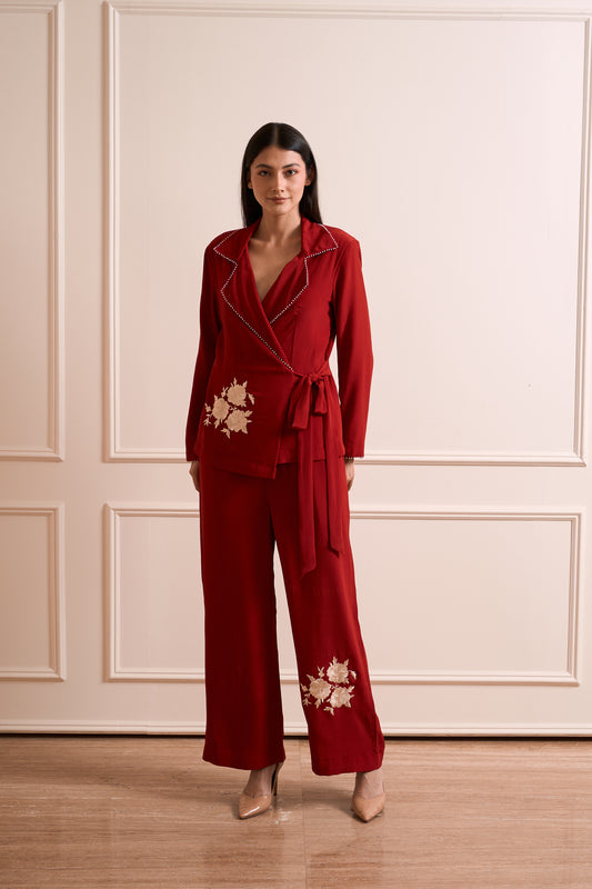 NOOR Red Pure Silk Crepe Wrapped Blazer with Straight Pants