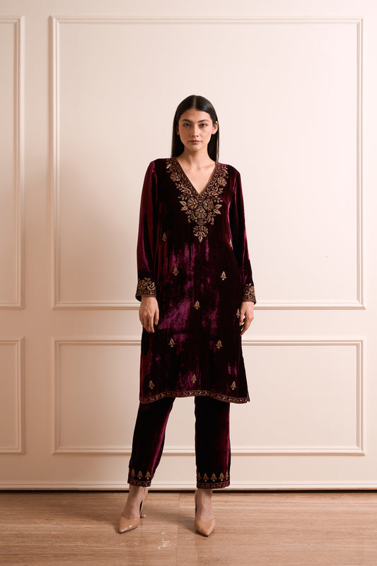 Kesar Wine Pure Silk Kurta Set with Embroidered Dupatta